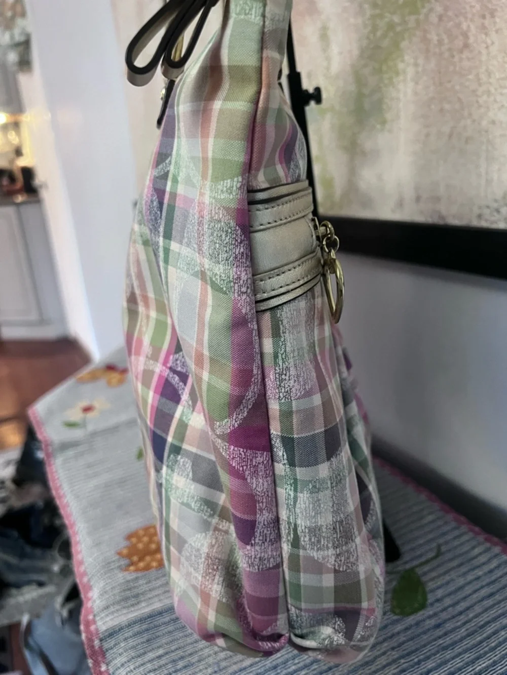 COACH POPPY BLUE GREEN PINK IVORY TARTAN PLAID LG TOTE SATCHEL HANDBAG - Picture 9 of 11